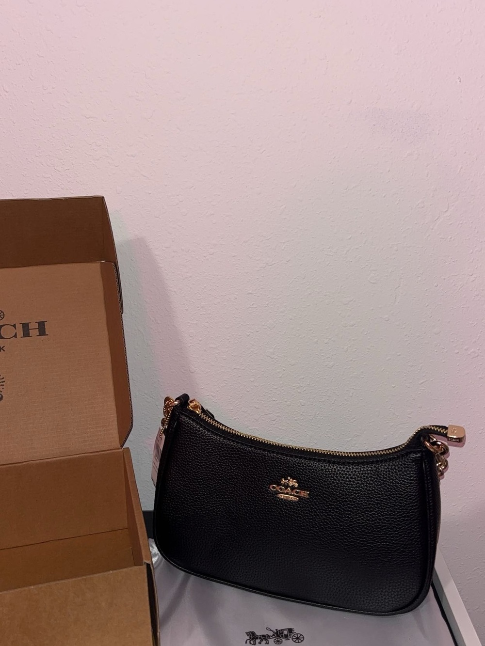 Coach Black Pebbled Leather Crescent Shoulder Bag with Gold Hardware